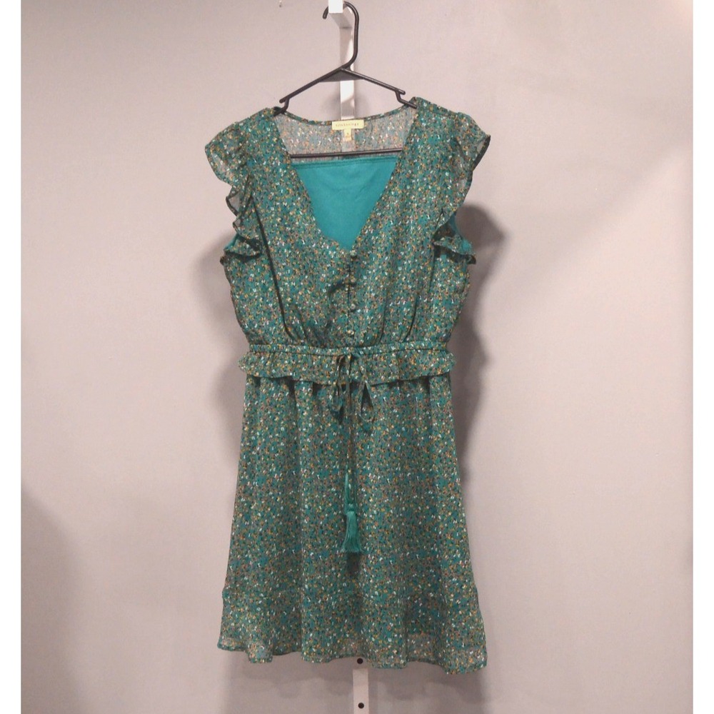 Trinhnology Size S Green Floral Fit & Flare Lightweight Dress Ruffle Cottagecore